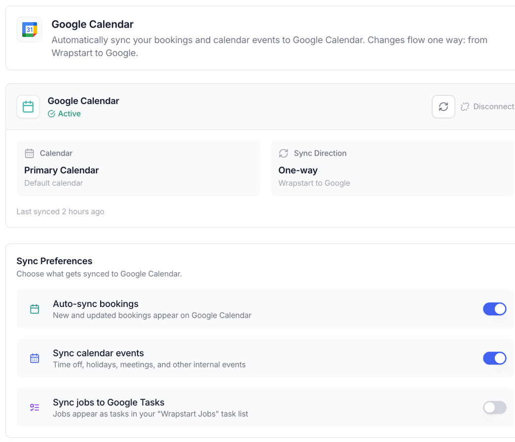 Google Calendar sync — one-way booking and event sync from Wrapstart to Google