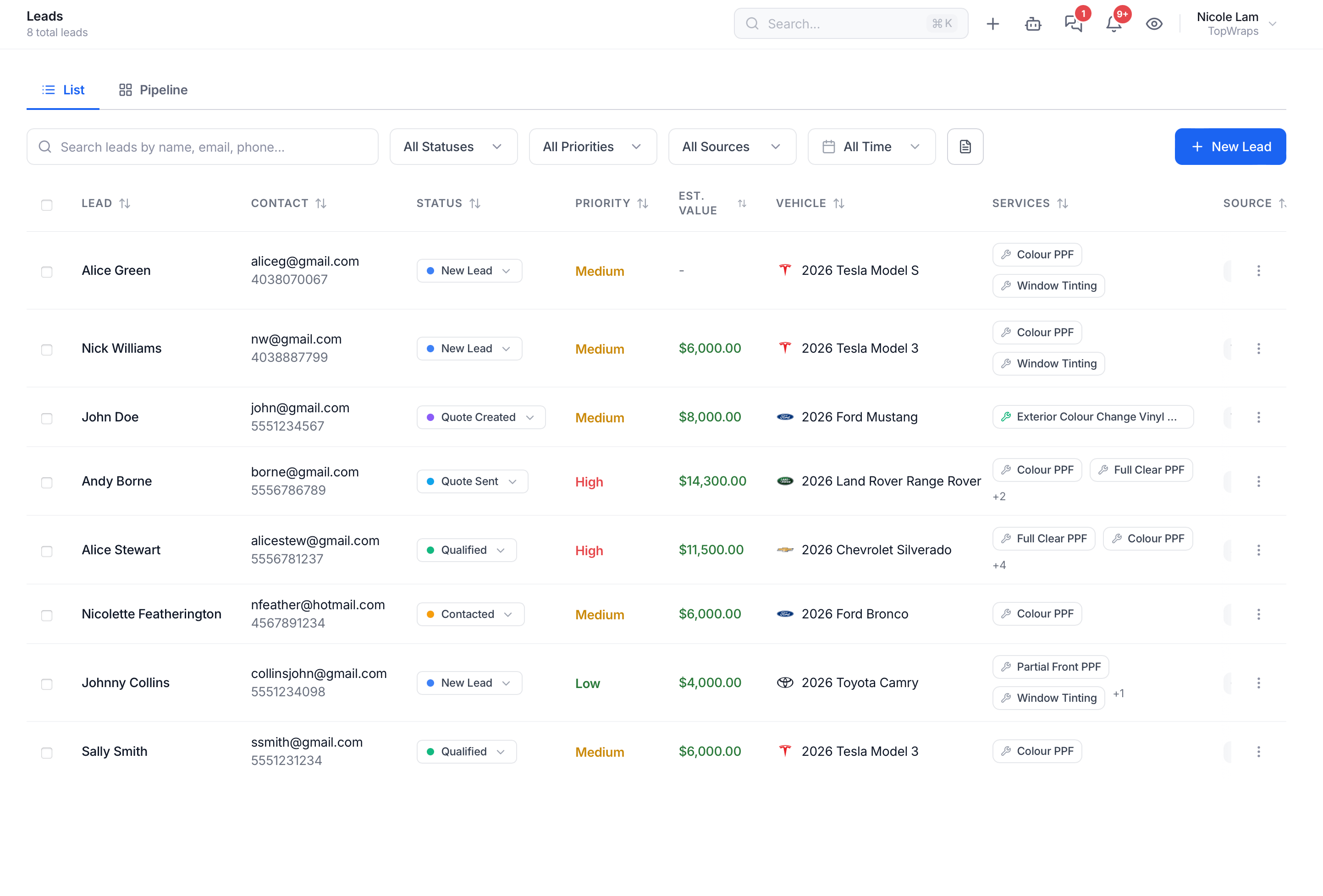 Wrapstart Leads list with statuses, priorities, estimated values and follow-up flags