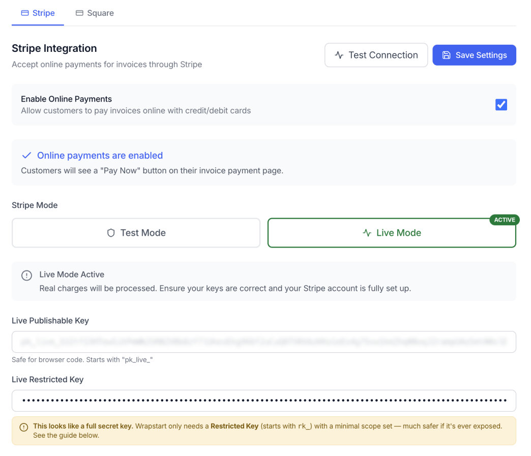 Payment processing — Stripe and Square integration settings