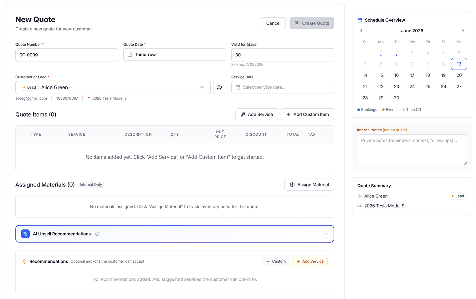 Building a new quote with schedule overview