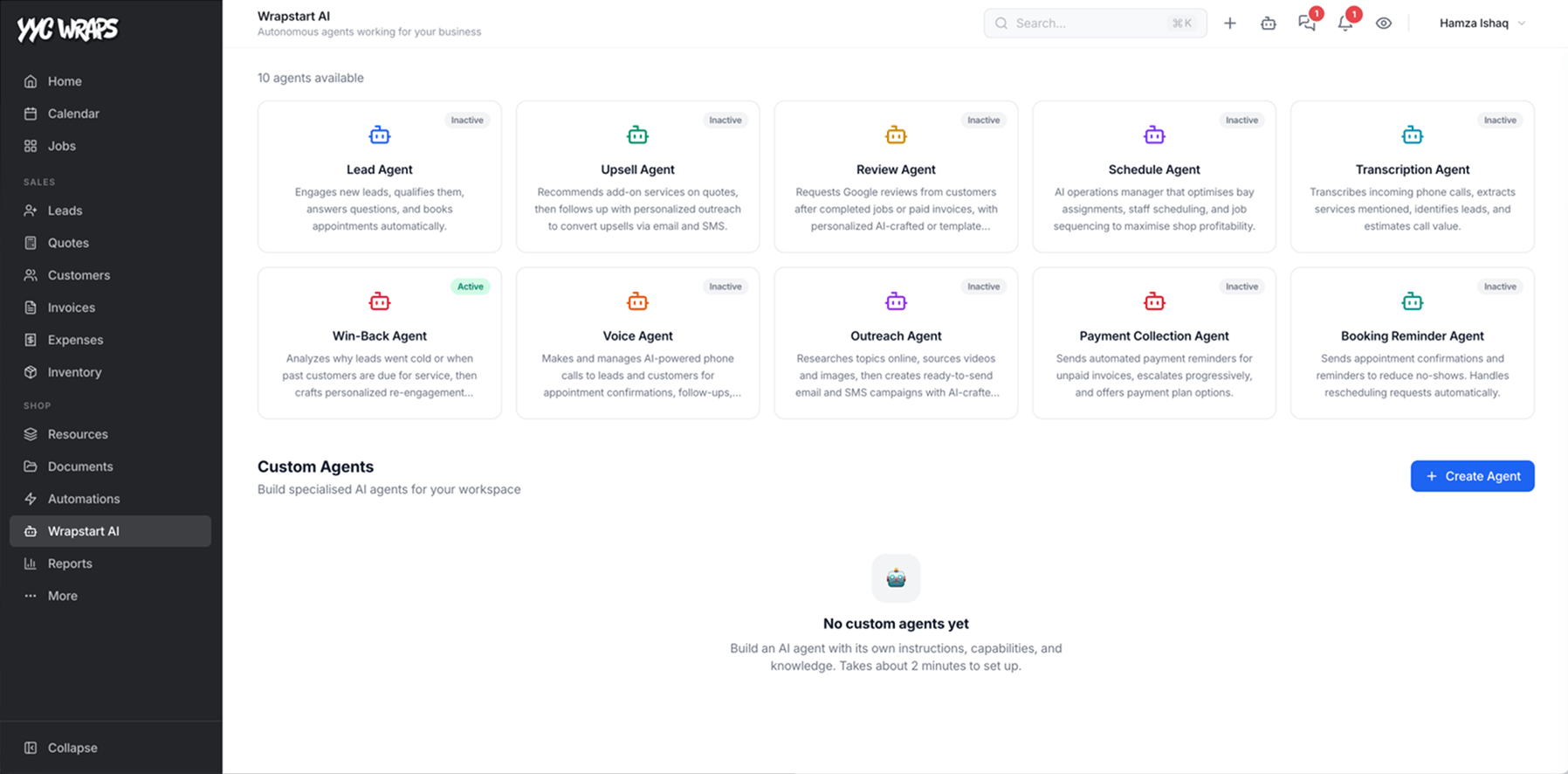 Wrapstart AI dashboard showing all ten autonomous agents available in the app