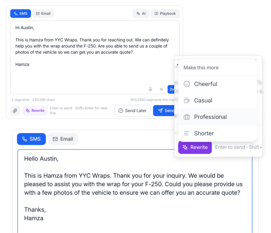 Wrapstart AI rewriting a message with tone options — Cheerful, Casual, Professional, Shorter