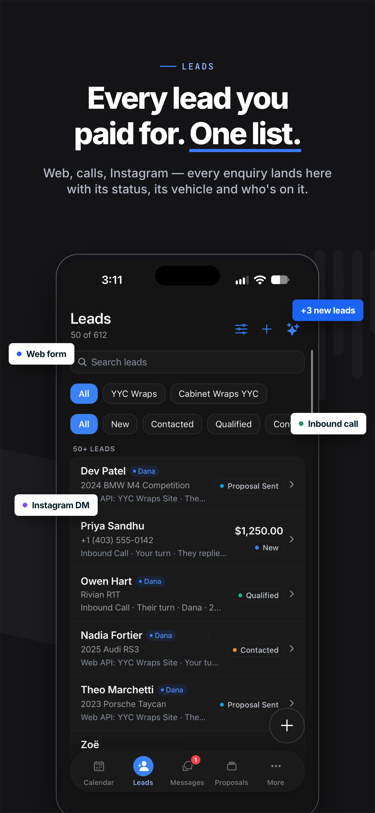 Wrapstart app — Leads. Every lead you paid for. One list.