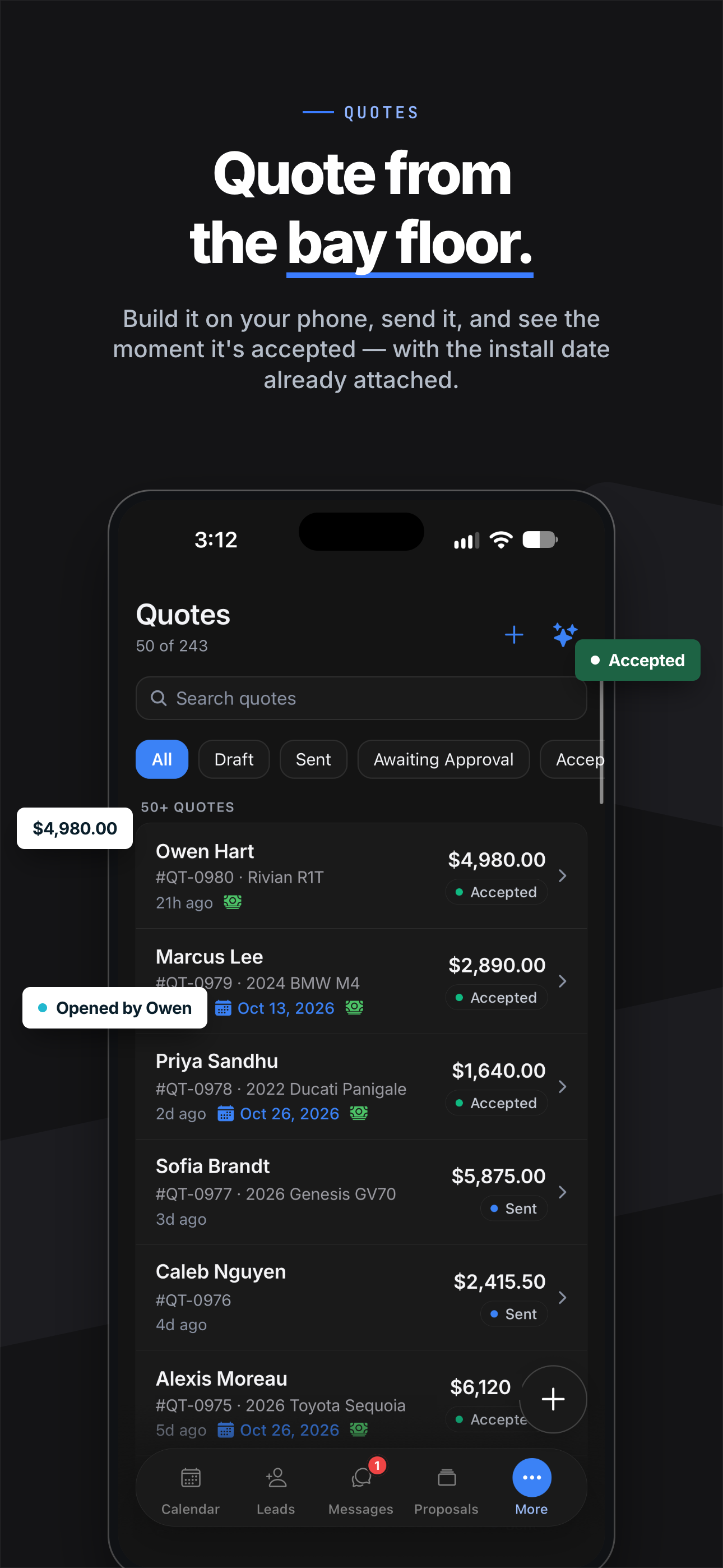 Wrapstart app — Quotes. Quote from the bay floor.