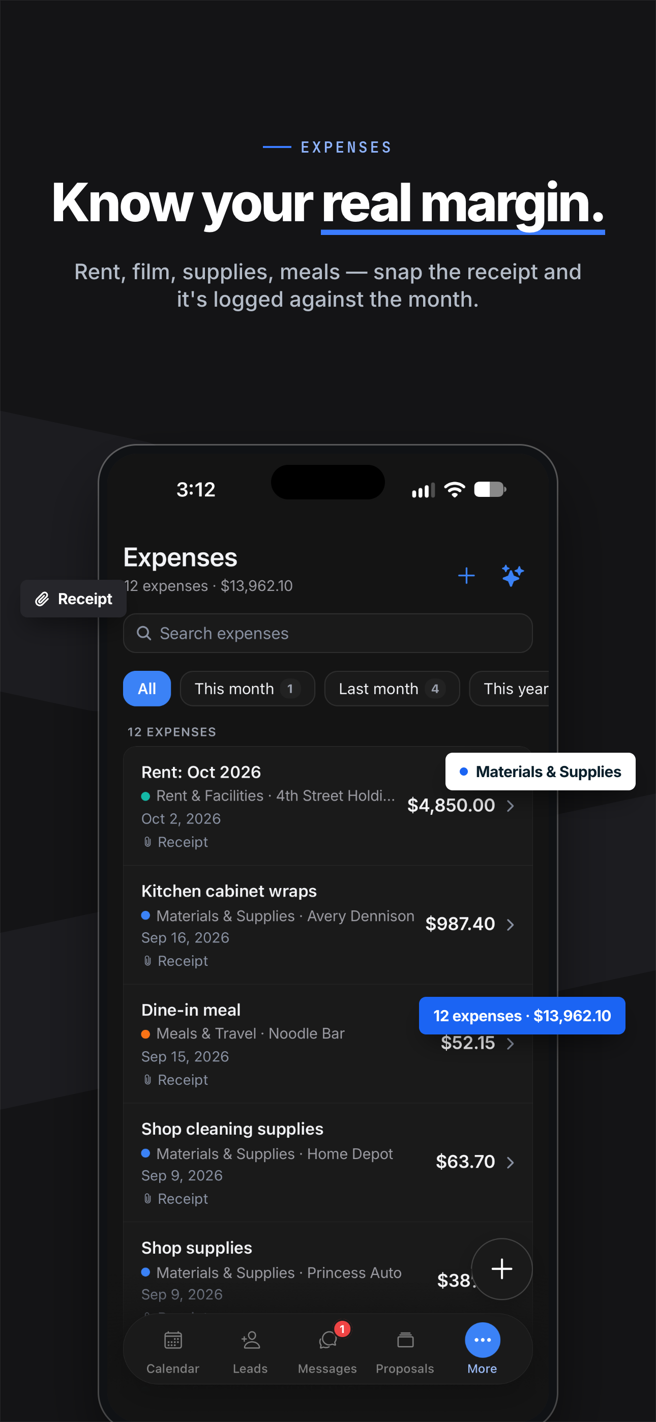 Wrapstart app — Expenses. Know your real margin.