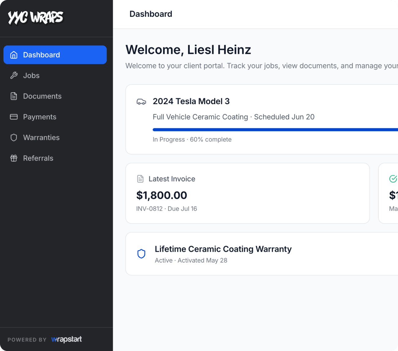 Client portal dashboard — branded sidebar with jobs, documents, payments, warranties and referrals; job progress, latest invoice and active warranty