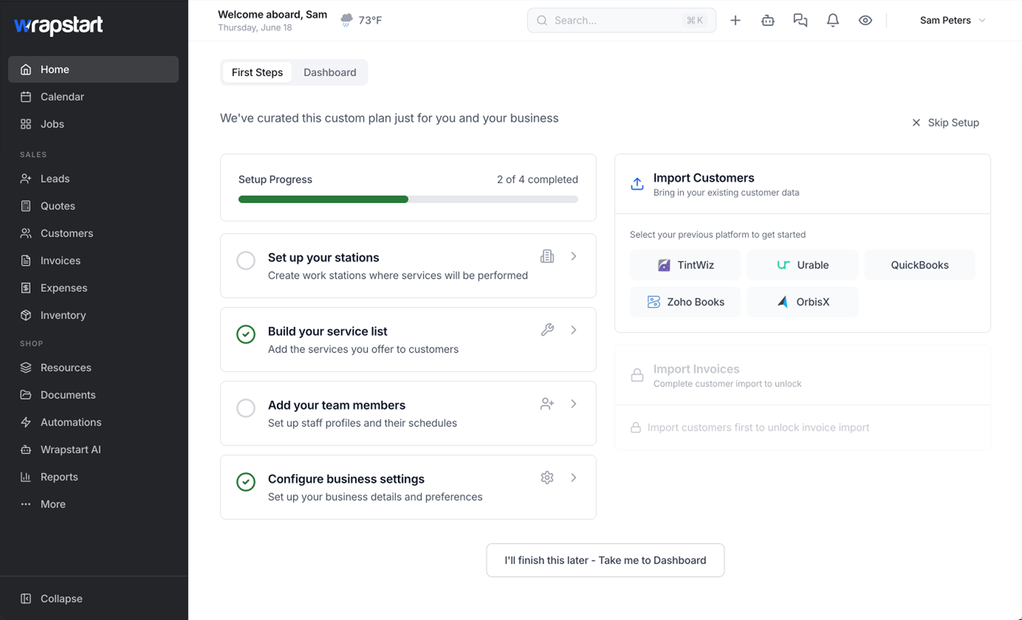 Wrapstart onboarding — Import Customers with TintWiz, Urable, QuickBooks, Zoho Books and OrbisX options