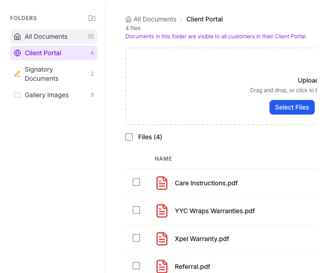 Client Portal documents — files, videos, and images