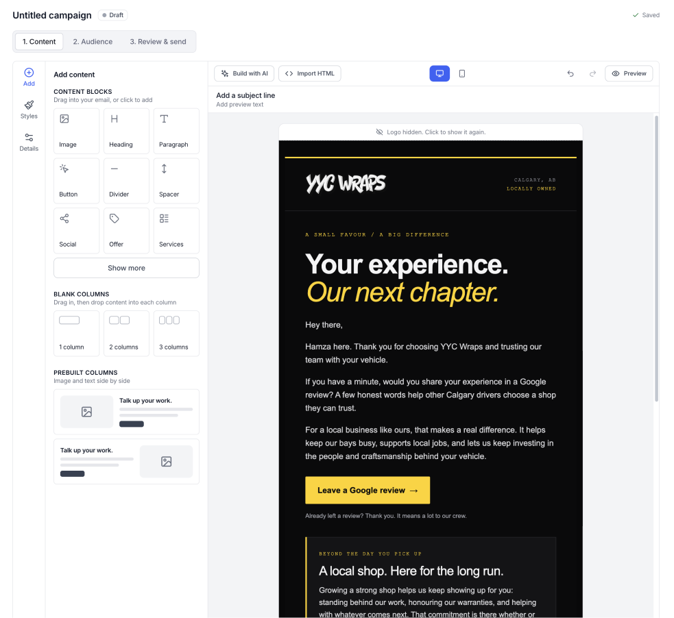 Campaign builder with Build with AI and Import HTML buttons, content blocks on the left and a fully branded imported email on the canvas
