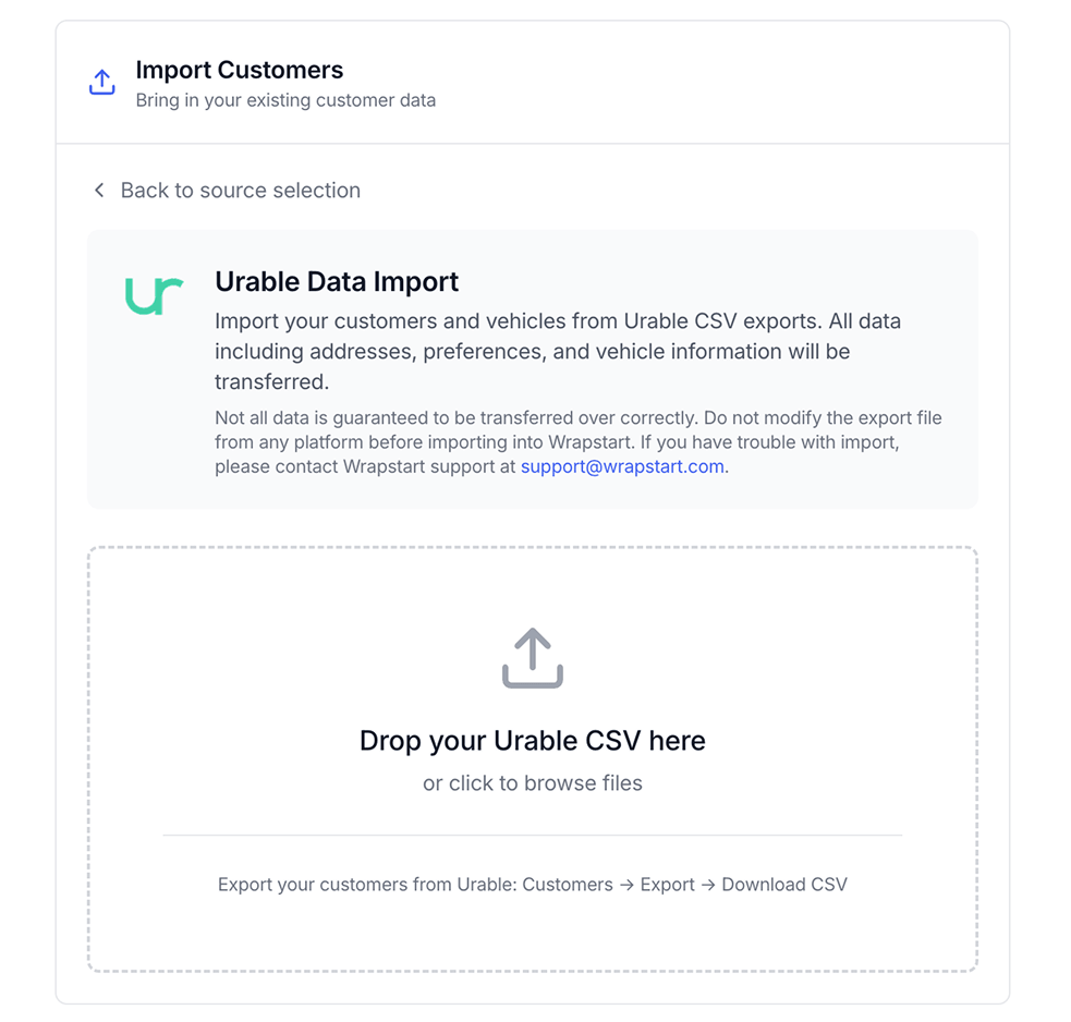 Import Customers — Urable data import with CSV drag-and-drop upload