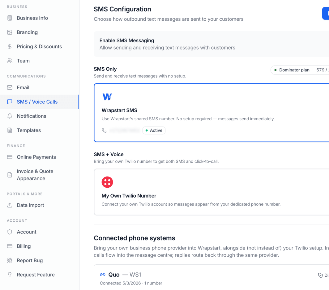 SMS configuration — Wrapstart shared SMS, bring your own Twilio number, and connected phone systems