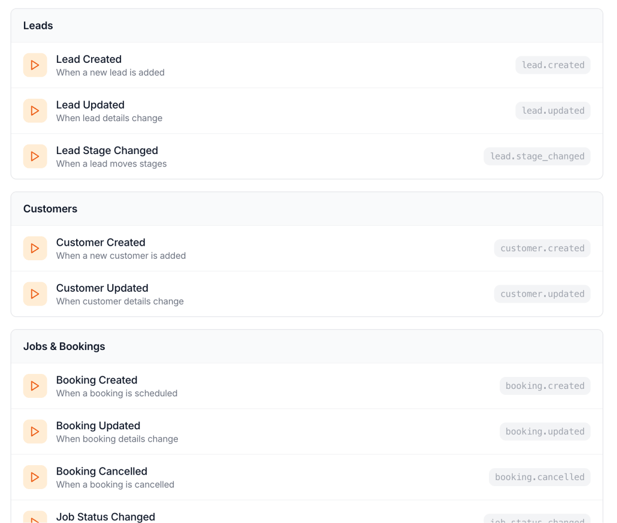 Automation triggers — lead, customer, booking and job events