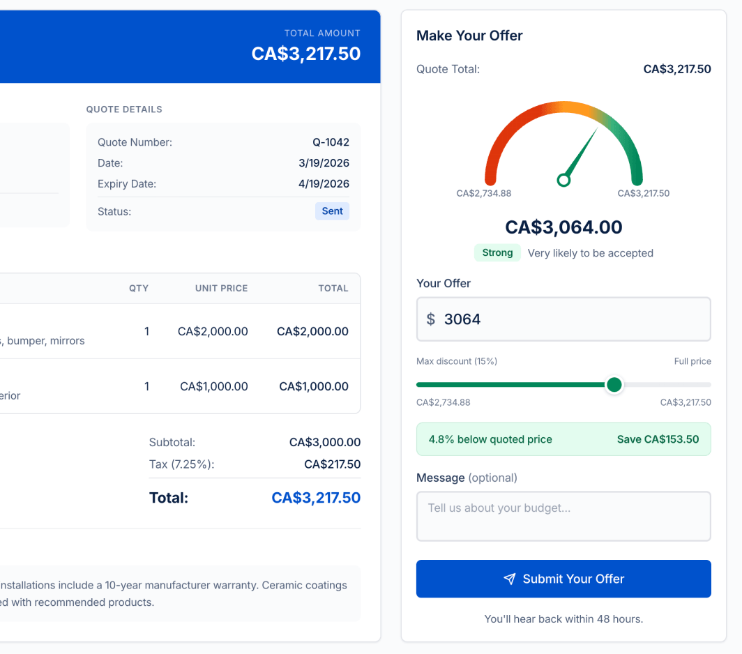 Quote Q-1042 alongside the customer-facing Make Your Offer panel with a likelihood gauge and max-discount slider
