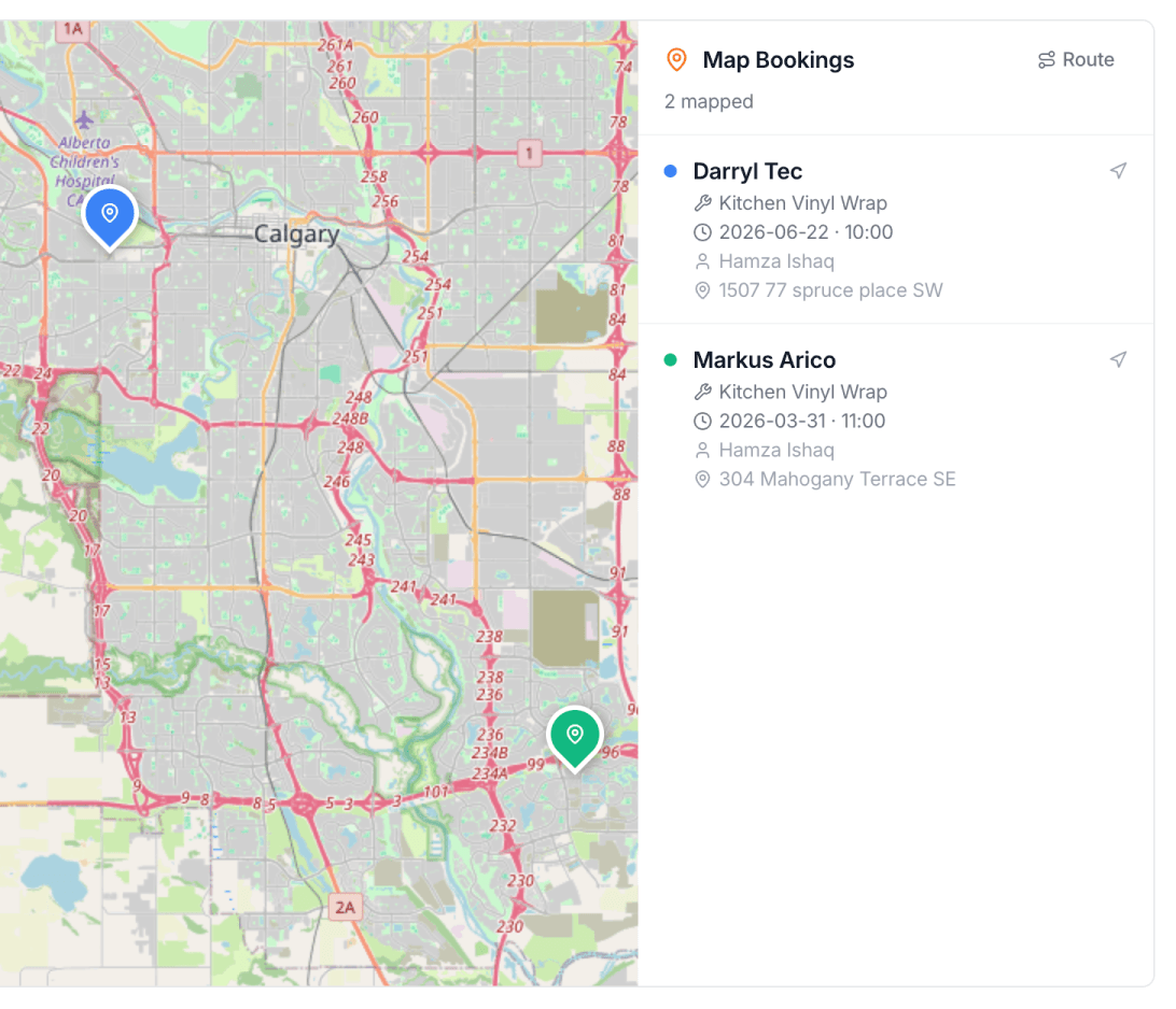 Map Bookings view showing two mapped jobs in Calgary with route optimization
