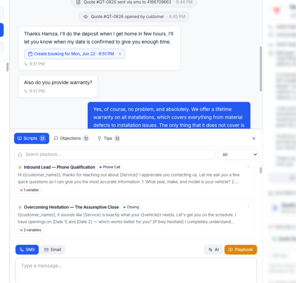 Message centre with the playbook open — scripts, objections and tips sent in one click