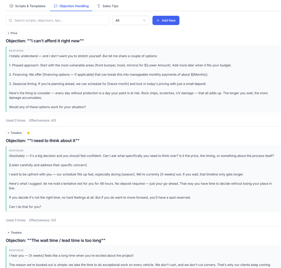 Objection Handling tab — pre-built responses for price and timeline objections, each with a category tag, effectiveness rating and usage count