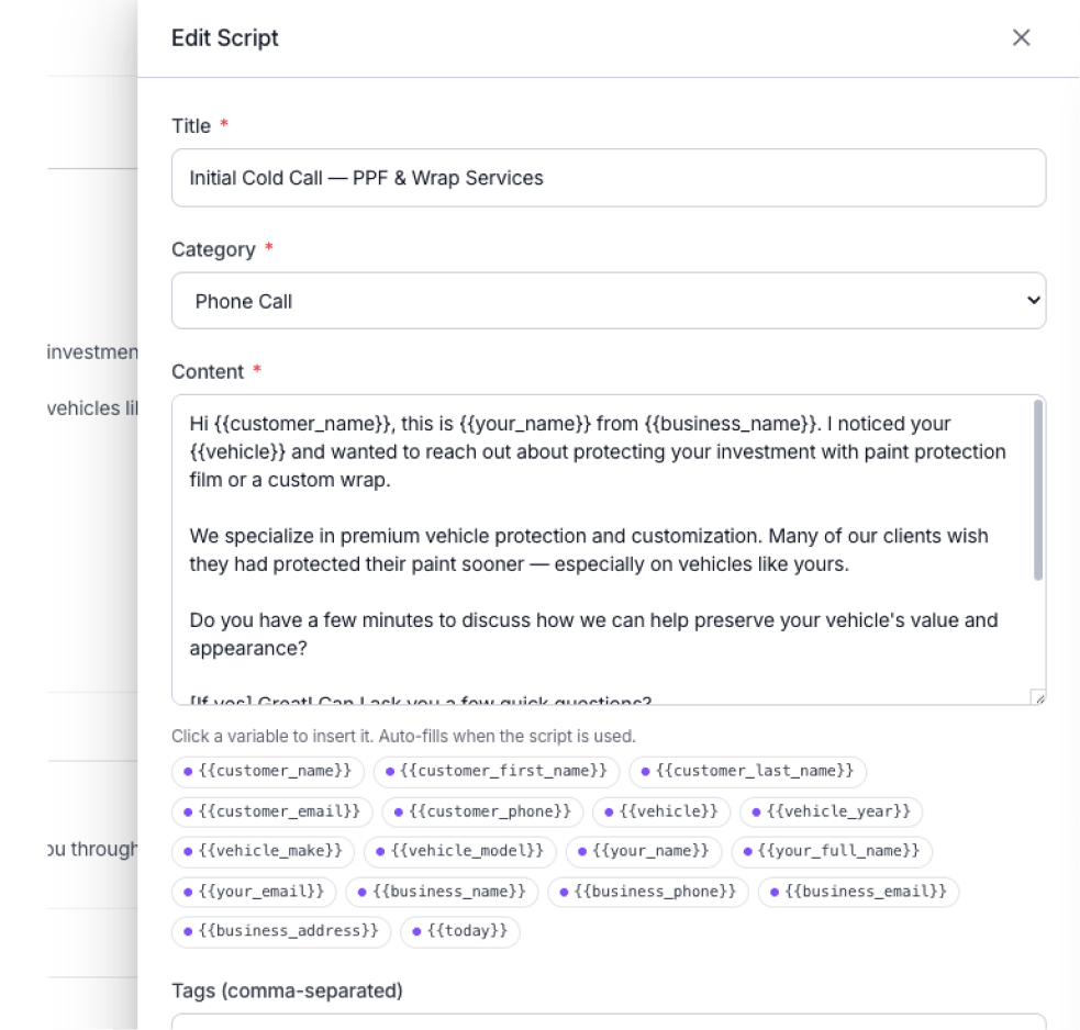 Edit Script — title, category and content with click-to-insert merge variables like customer name, vehicle and business details