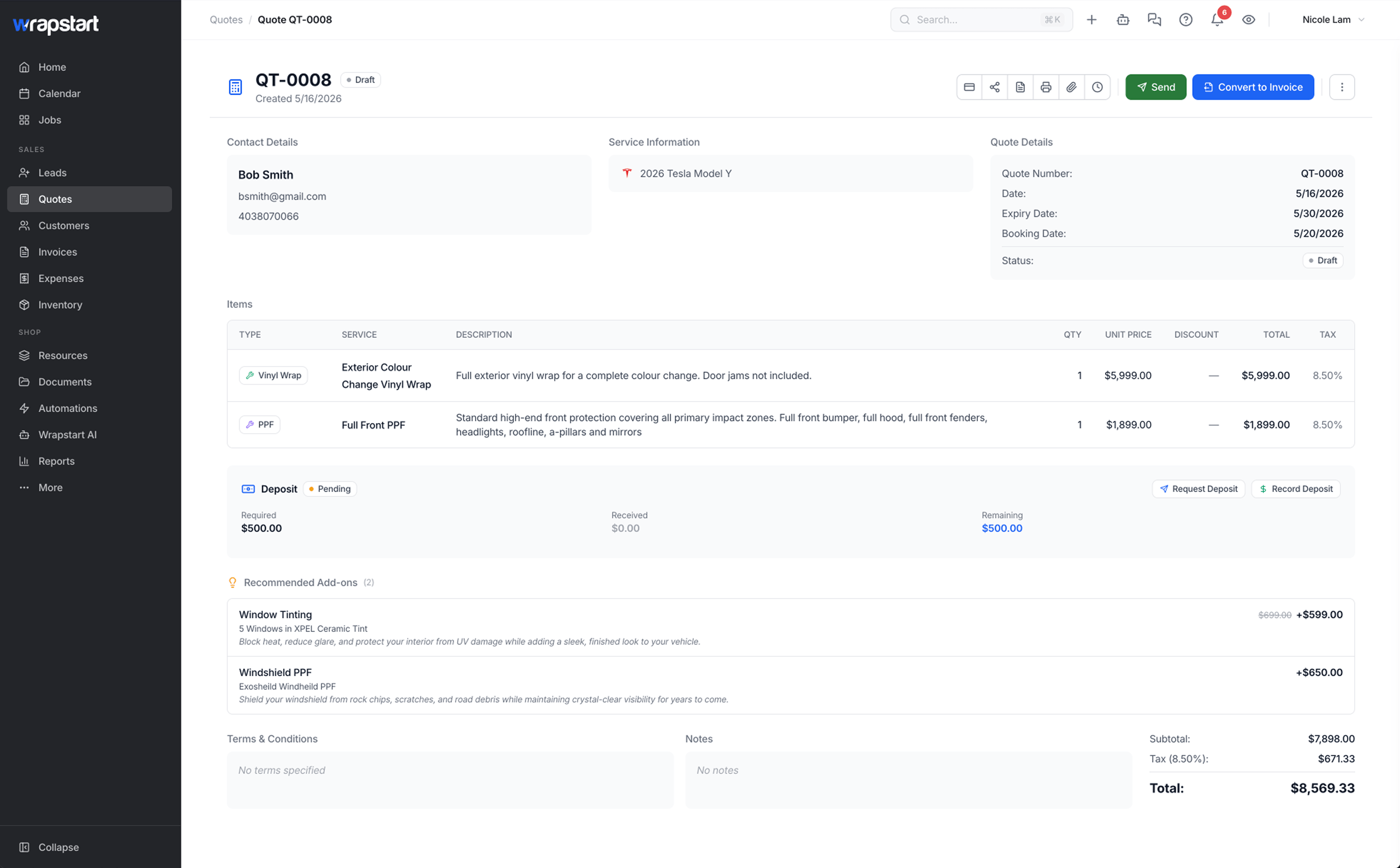 Wrapstart quote detail — QT-0008 with line items, deposit, and recommended add-ons