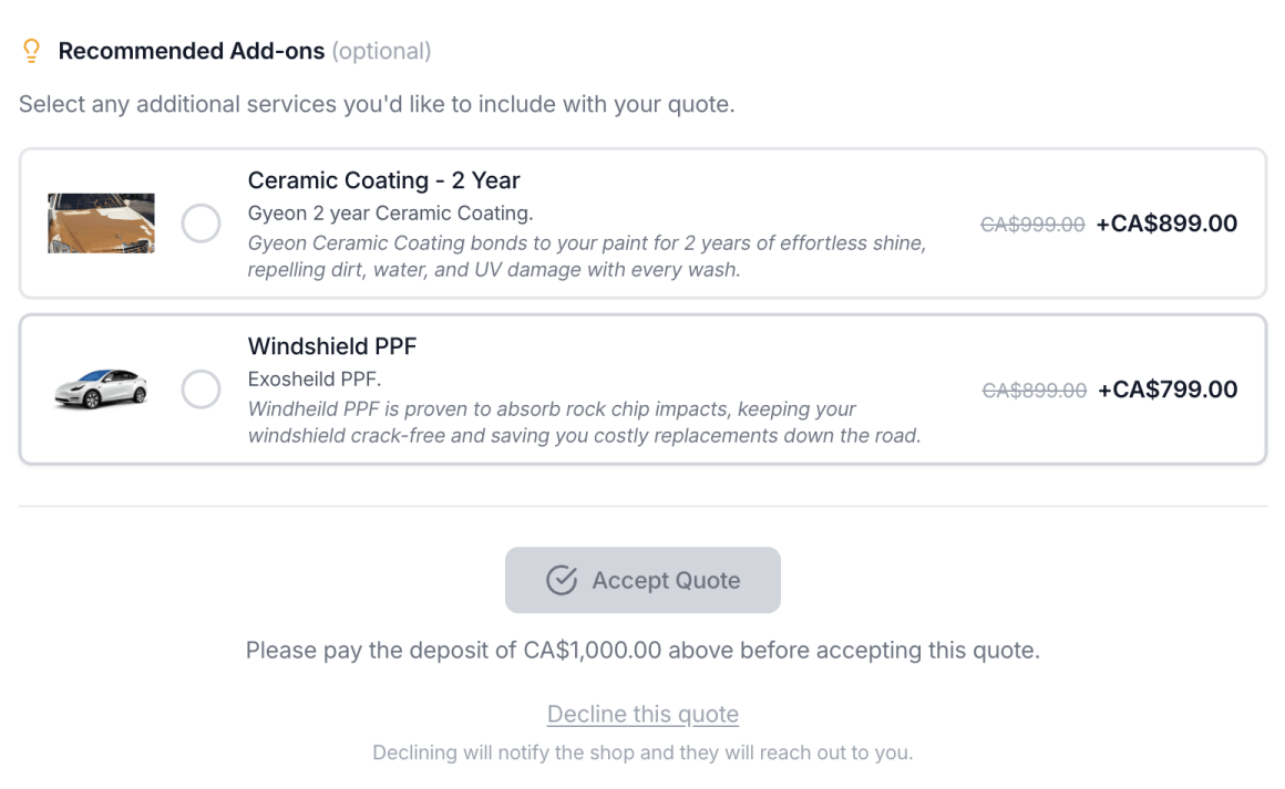 Recommended add-ons on a quote — ceramic coating and windshield PPF upsells