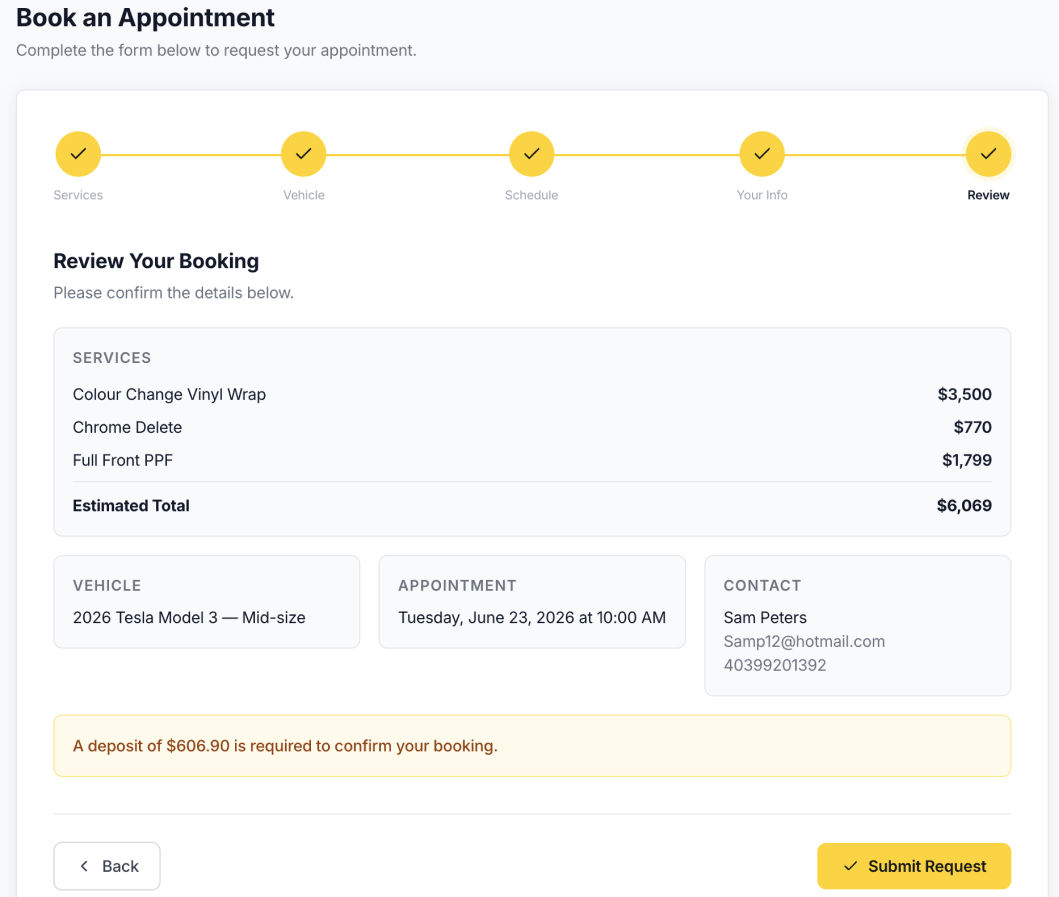 Book an Appointment — review step showing services, deposit required and Submit Request