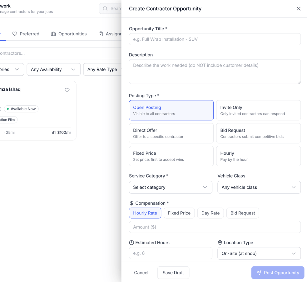Create Contractor Opportunity panel — opportunity title, description, posting type options, service category, vehicle class and compensation fields