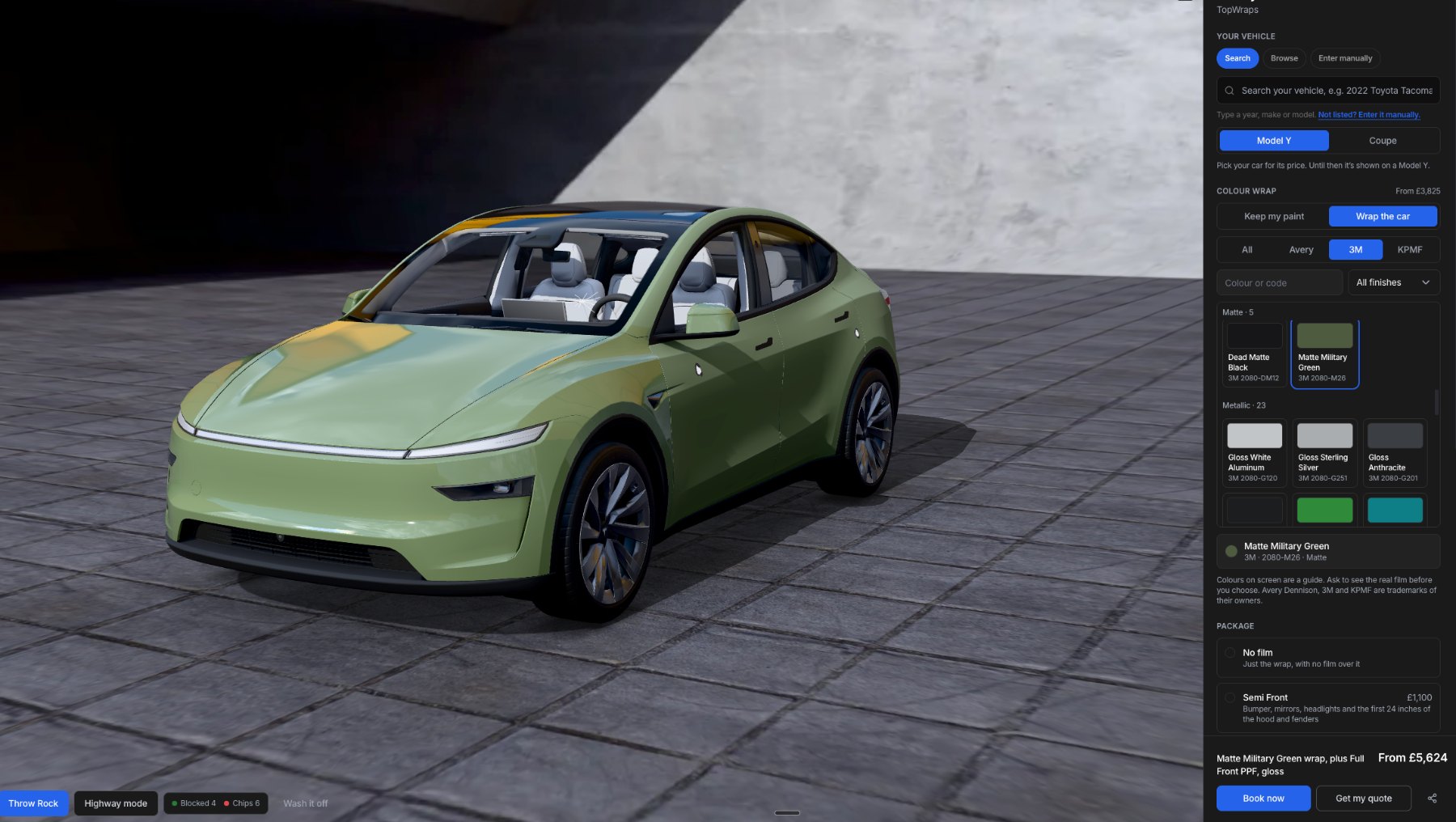 The Wrap Configurator: a 3D Tesla Model Y in 3M Matte Military Green, with the colour, film and package panel and a live price