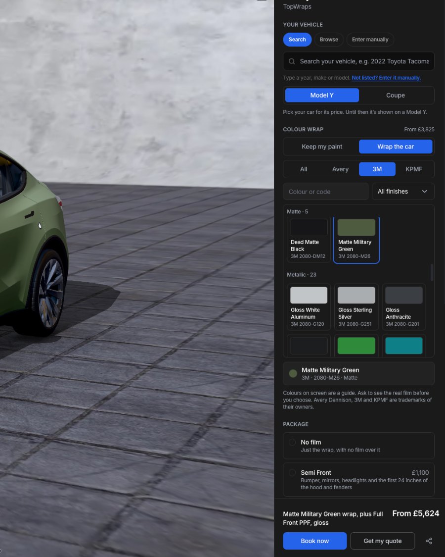The configurator's colour and package panel beside a 3D Tesla Model Y