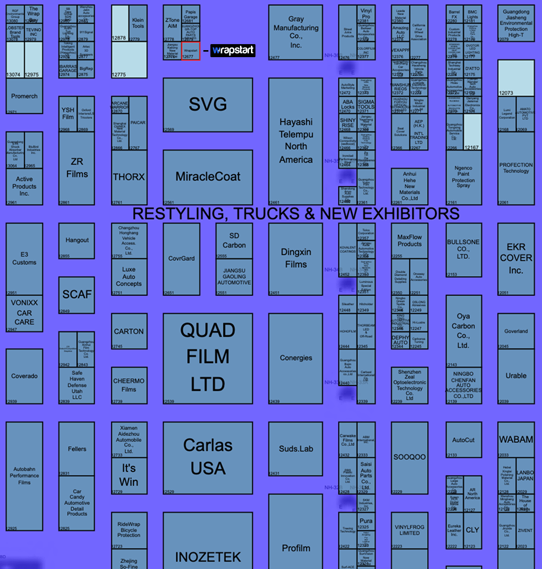 SEMA 2026 floor plan showing the Wrapstart booth at #12677, in the Restyling, Trucks & New Exhibitors hall