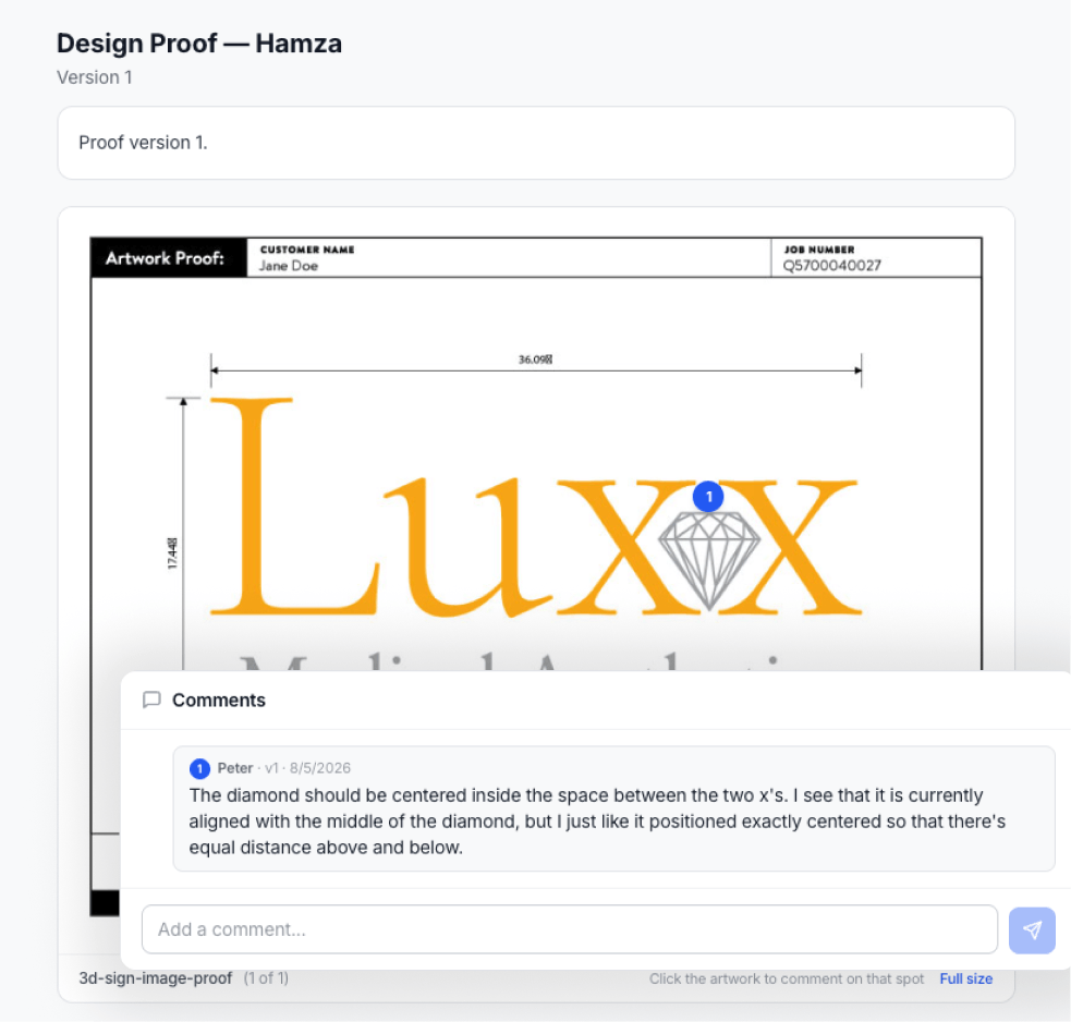 Customer-side proof review with a comment pinned directly on the artwork
