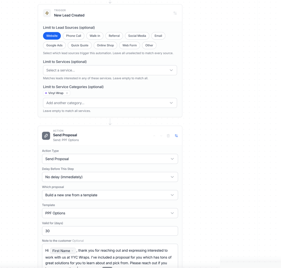 Automation builder: a New Lead Created trigger limited to lead source and service category, followed by a Send Proposal action using the PPF Options template